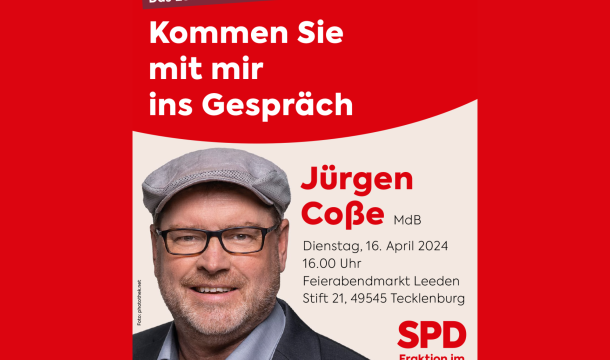 Am Dienstag, den 16. April, lädt Jürgen Coße, der SPD-Bundestagsabgeordnete für das Tecklenburger Land, zu einer offenen Sprechstunde auf den Feierabendmarkt in Tecklenburg-Leeden ein. Beginn ist um 16 Uhr.